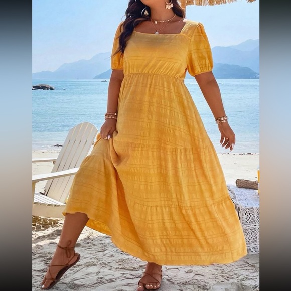 Boho plus size comfy square neck puff sleeve ruffle hem maxi dress - Picture 13 of 16